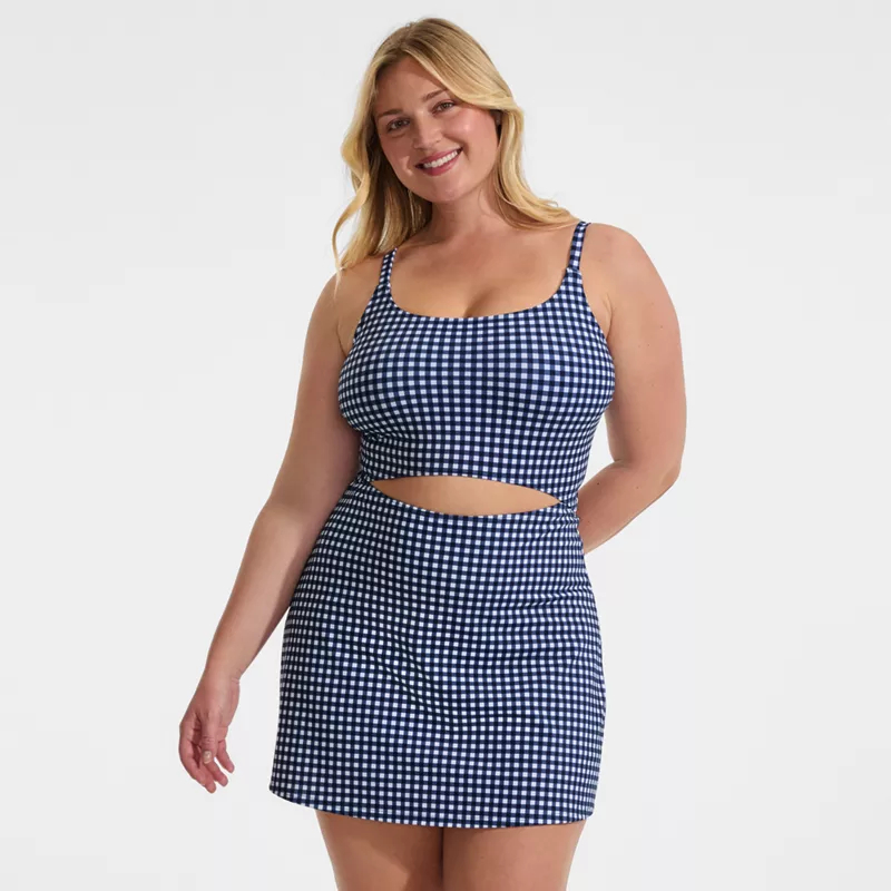 Plus Size Women's Tugless Monokini Swim Dress Swimsuit, Front