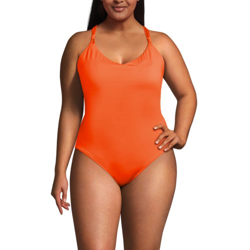  Lands' End Komfort-badeanzug Mit V-ausschnitt Und Gekreuzten Trägern, Damen, Größe:48 Plus, Orange, Elasthan/polyester-mischung/nylon-mischung, By Lands' End 