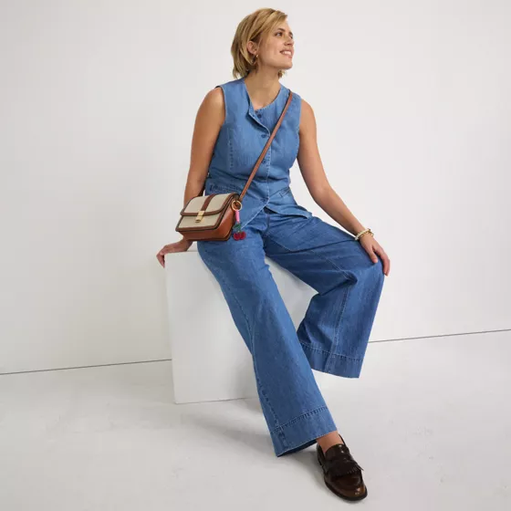 Women's High Rise Wide Leg Double Pleated Denim Trousers - primary