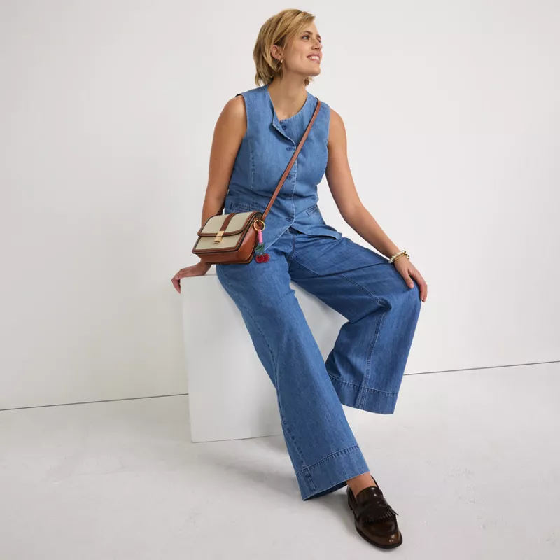 Women's High Rise Wide Leg Double Pleated Denim Trousers, alternative image