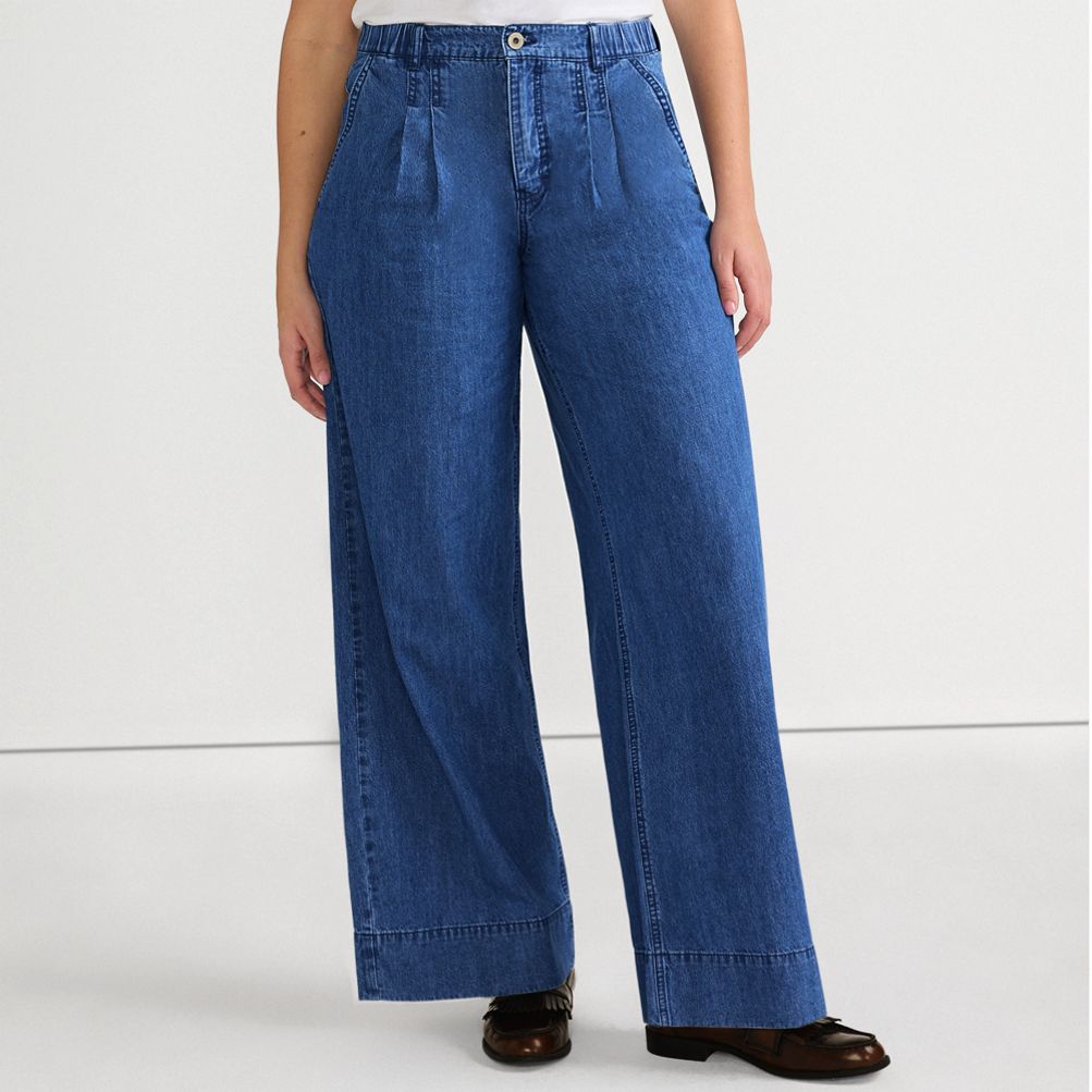 Women's High Rise Wide Leg Double Pleated Denim Trousers | Lands' End