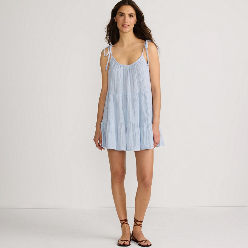 Women's Cotton Gauze Metallic Tiered Mini Cover-up Dress