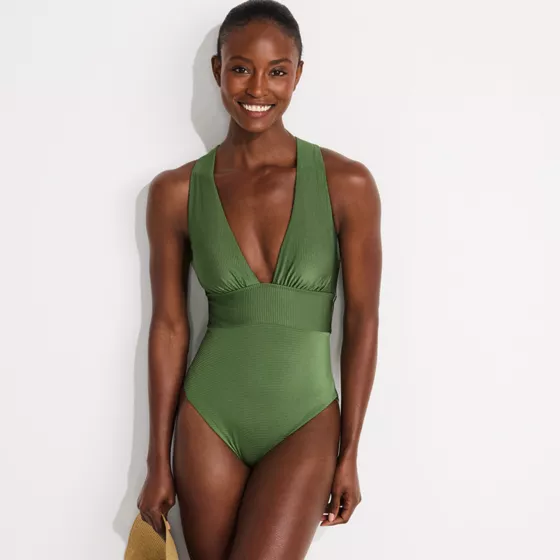 Women's Shine Ribbed Twist Back High Leg One Piece Swimsuit - primary