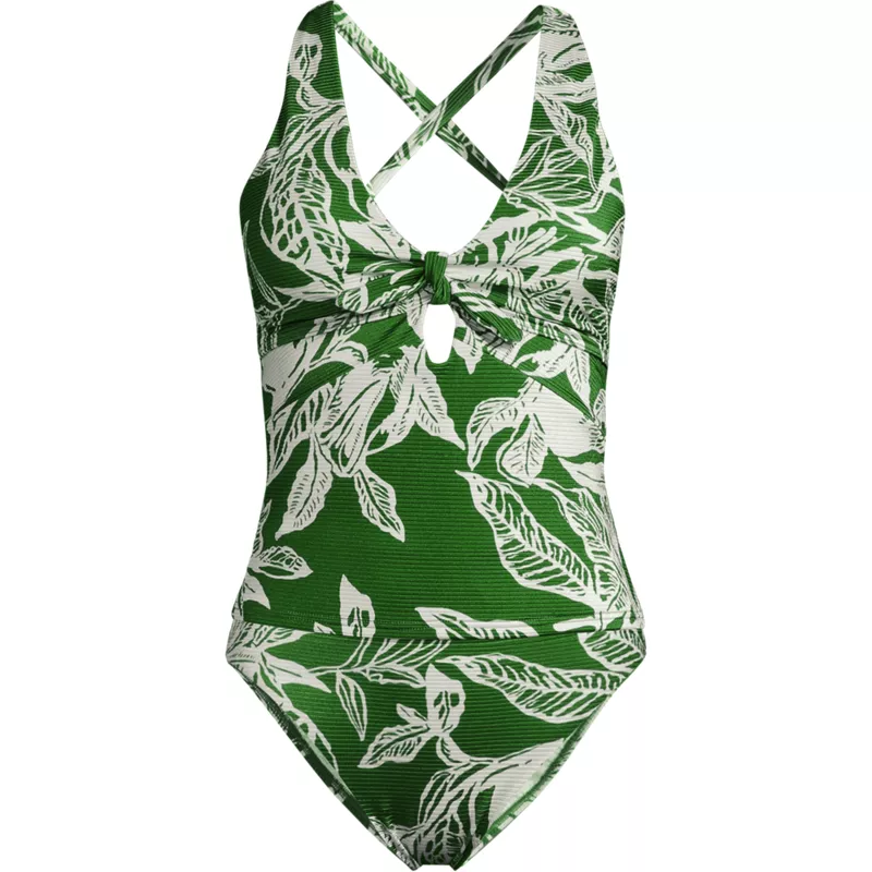 Women's Shine Ribbed Tankini Top and High Waisted Bottom Swimsuit Set, Front