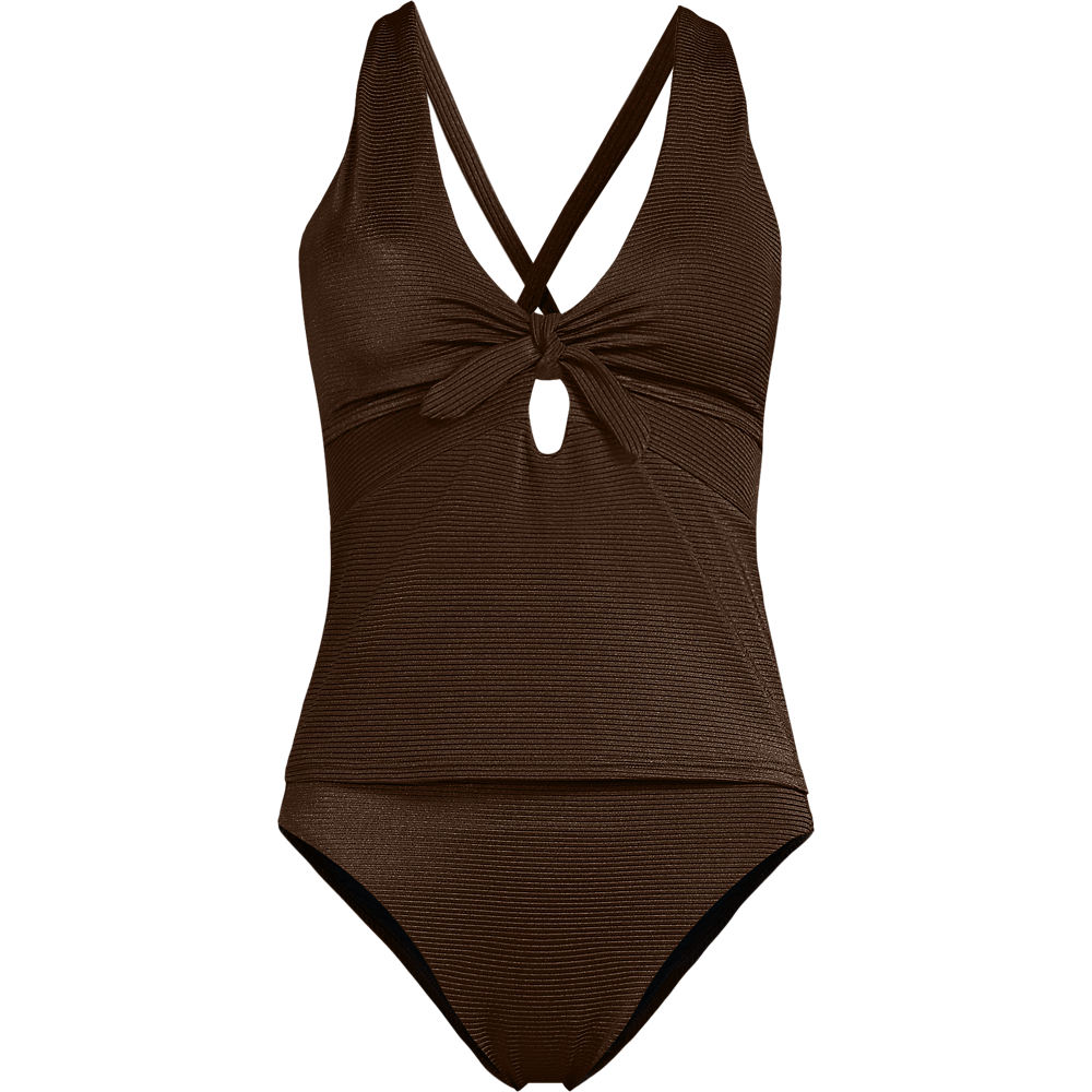 Shine Knot Front Tie Back Tankini, High Waisted - 2 piece, Women, size: 2XL, plus, Brown, Spandex/Nylon-blend, by Lands' End