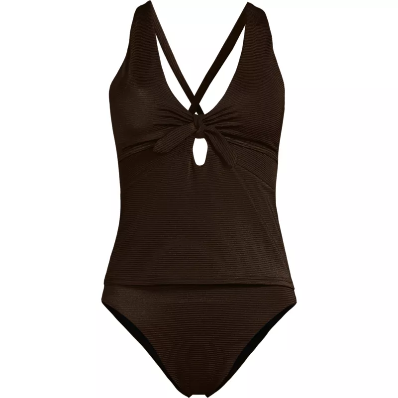 Women's Shine Ribbed Tankini Top and High Waisted Bottom Swimsuit Set, Front