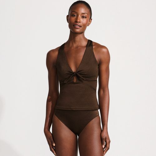 Women's Shine Ribbed Tankini Top and High Waisted Bottom Swimsuit Set, Front