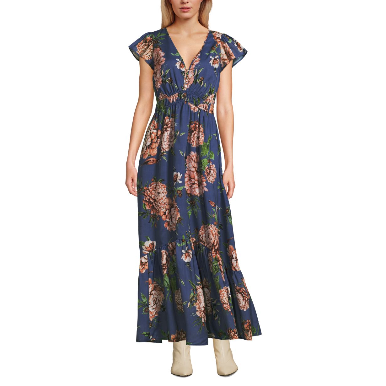 Women's Vneck Flutter Sleeve Maxi Dress