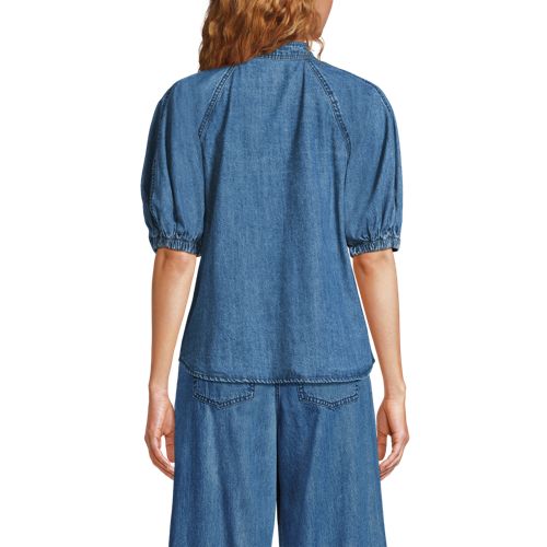 Women's Denim Puff Sleeve Tie Front Top - image 5