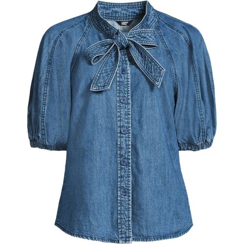 Women's Denim Puff Sleeve Tie Front Top - image 4