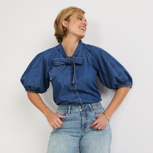 Women's Denim Puff Sleeve Tie Front Top