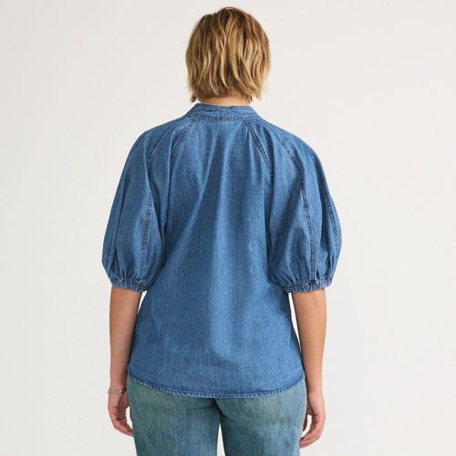 Women's Denim Puff Sleeve Tie Front Top - image 3