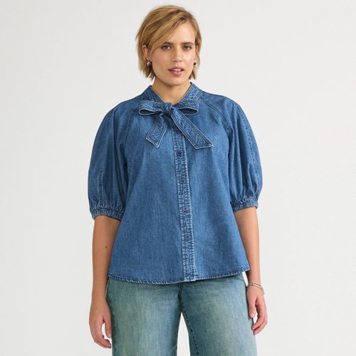 Women's Denim Puff Sleeve Tie Front Top - image 2