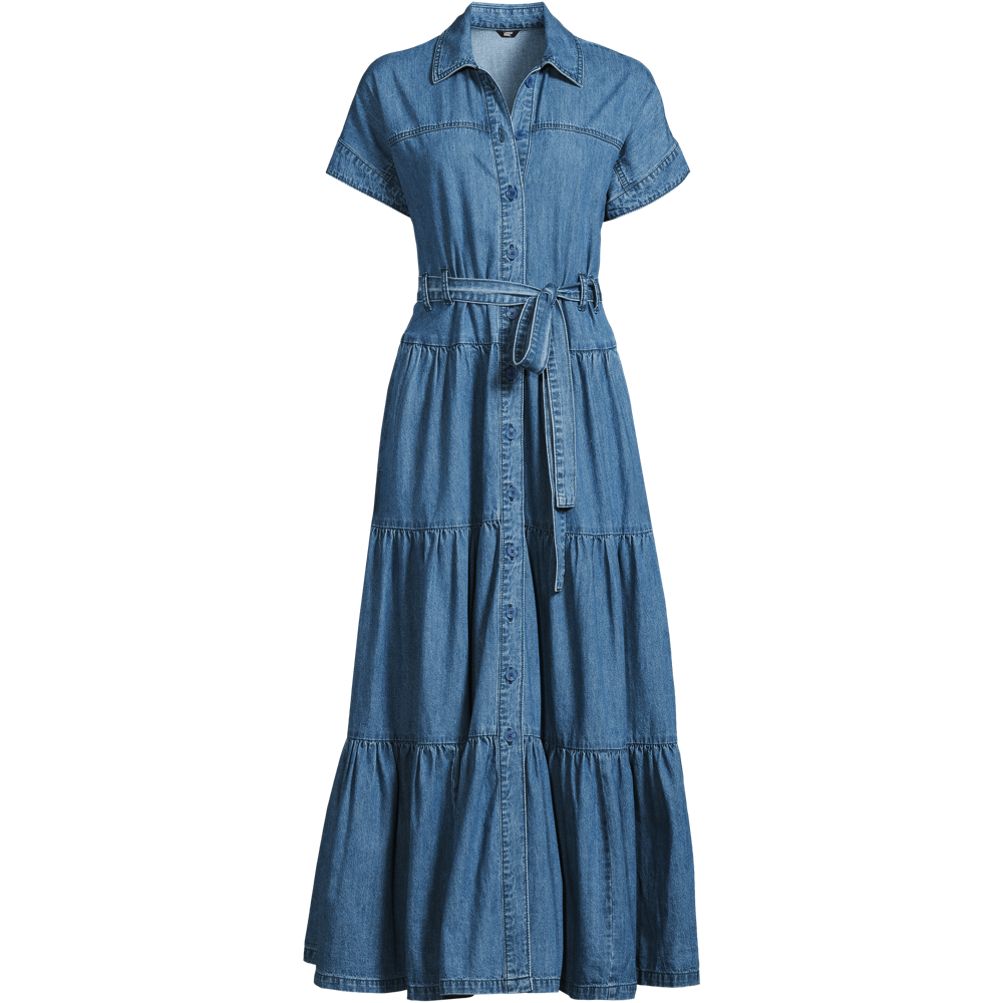 Women's Tiered Denim Belted Dress | Lands' End