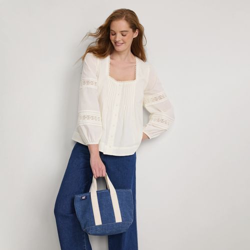 Women's Square Neck Pintuck and Lace Blouse