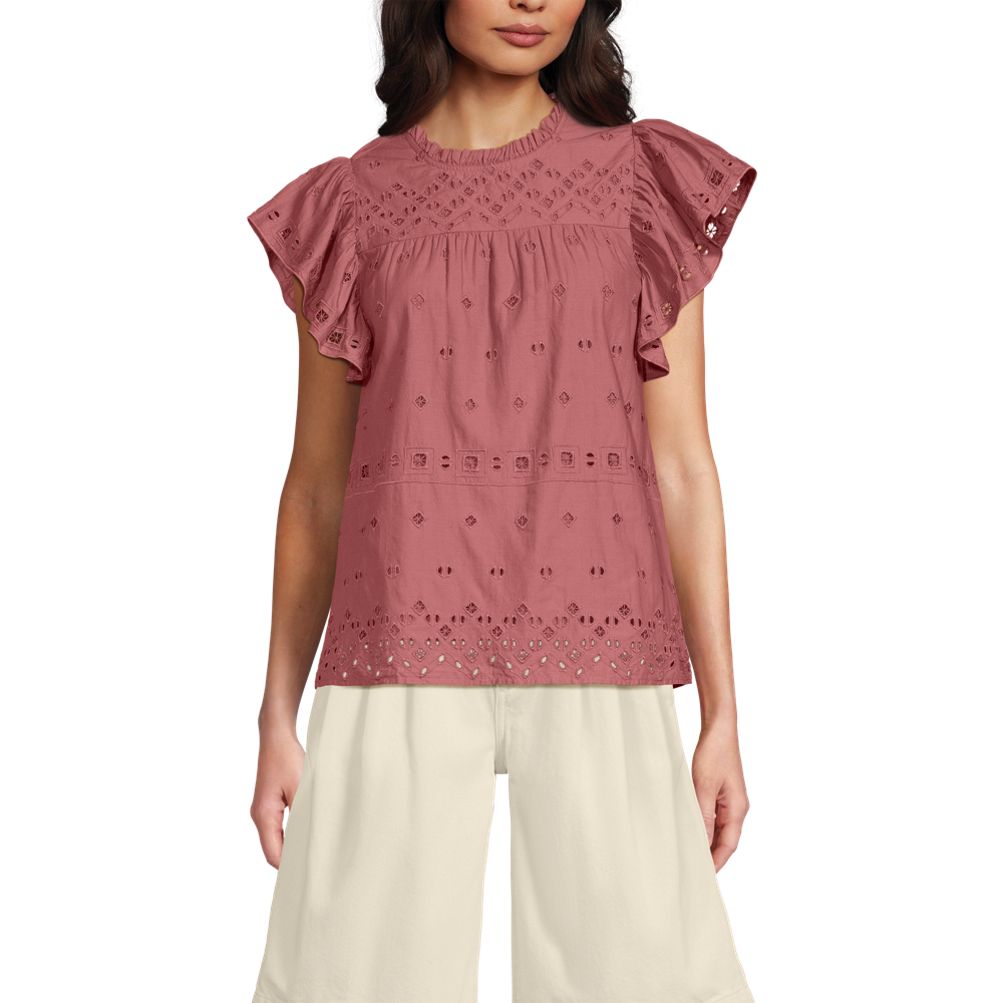 Women's Eyelet Ruffle Sleeve Popover Top | Lands' End
