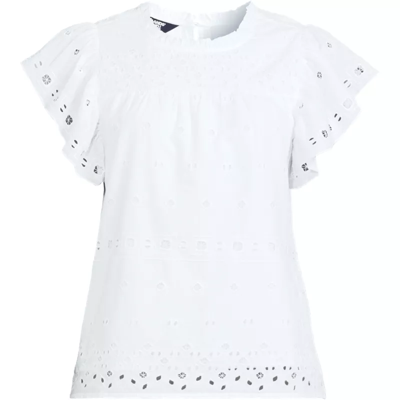 Women's Eyelet Ruffle Sleeve Popover Top, Front