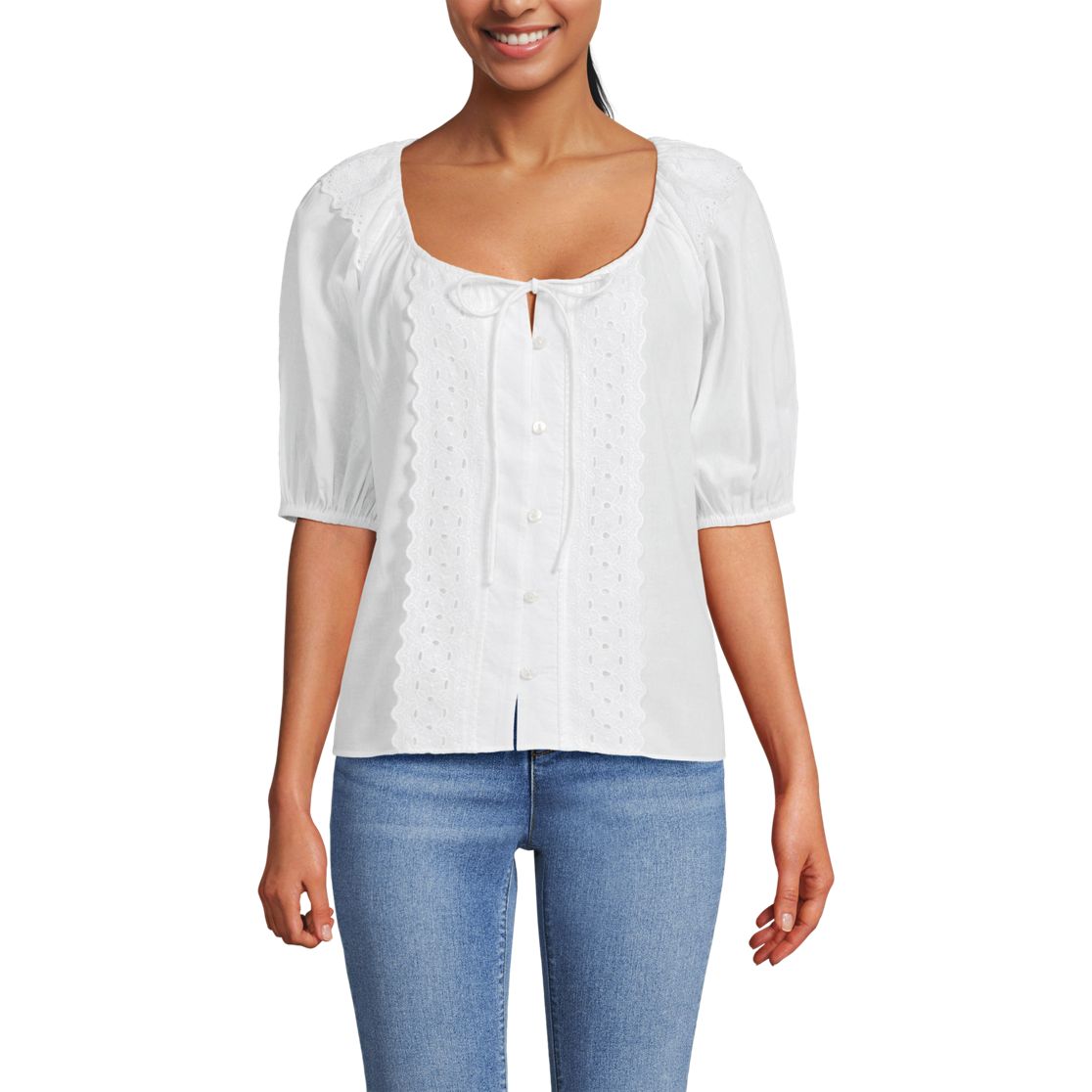 Women's Voile Puff Elbow Sleeve Embroidered Blouse
