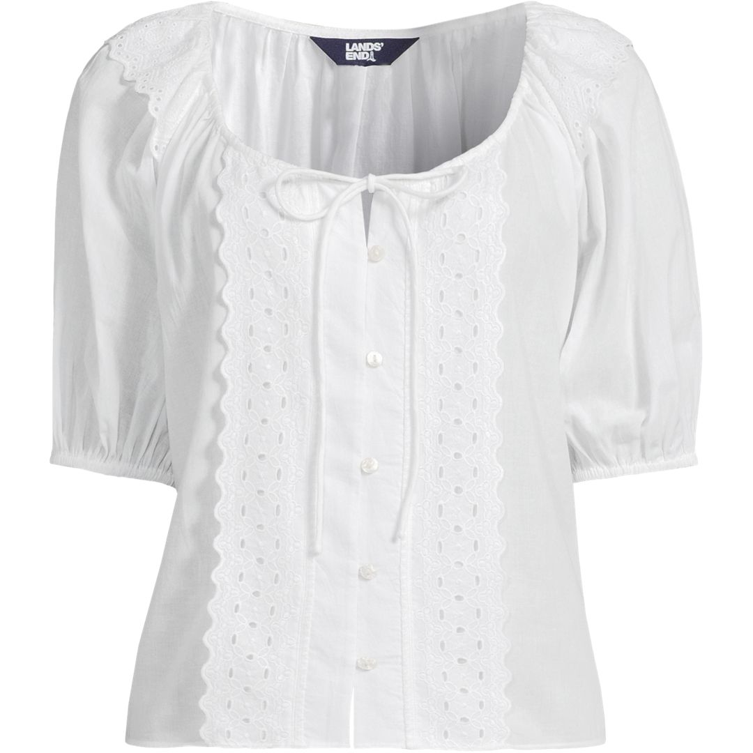 Women's Voile Puff Elbow Sleeve Embroidered Blouse