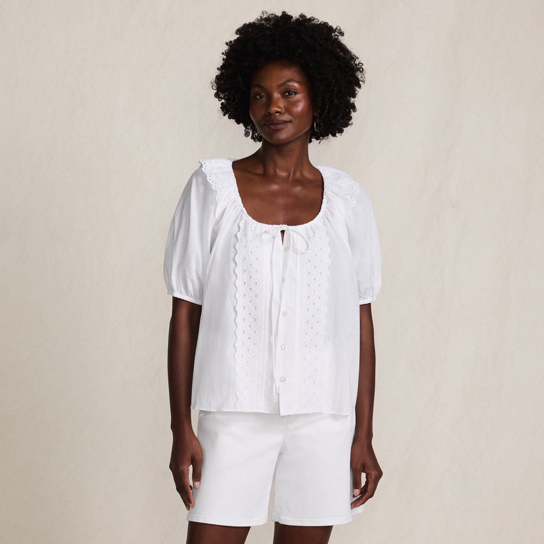 Women's Voile Puff Elbow Sleeve Embroidered Blouse