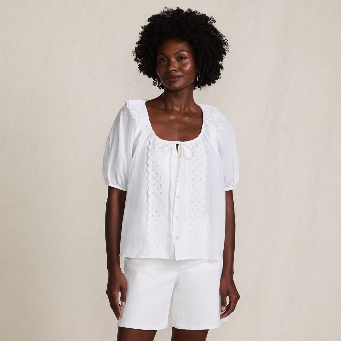 Women's Voile Puff Elbow Sleeve Embroidered Blouse