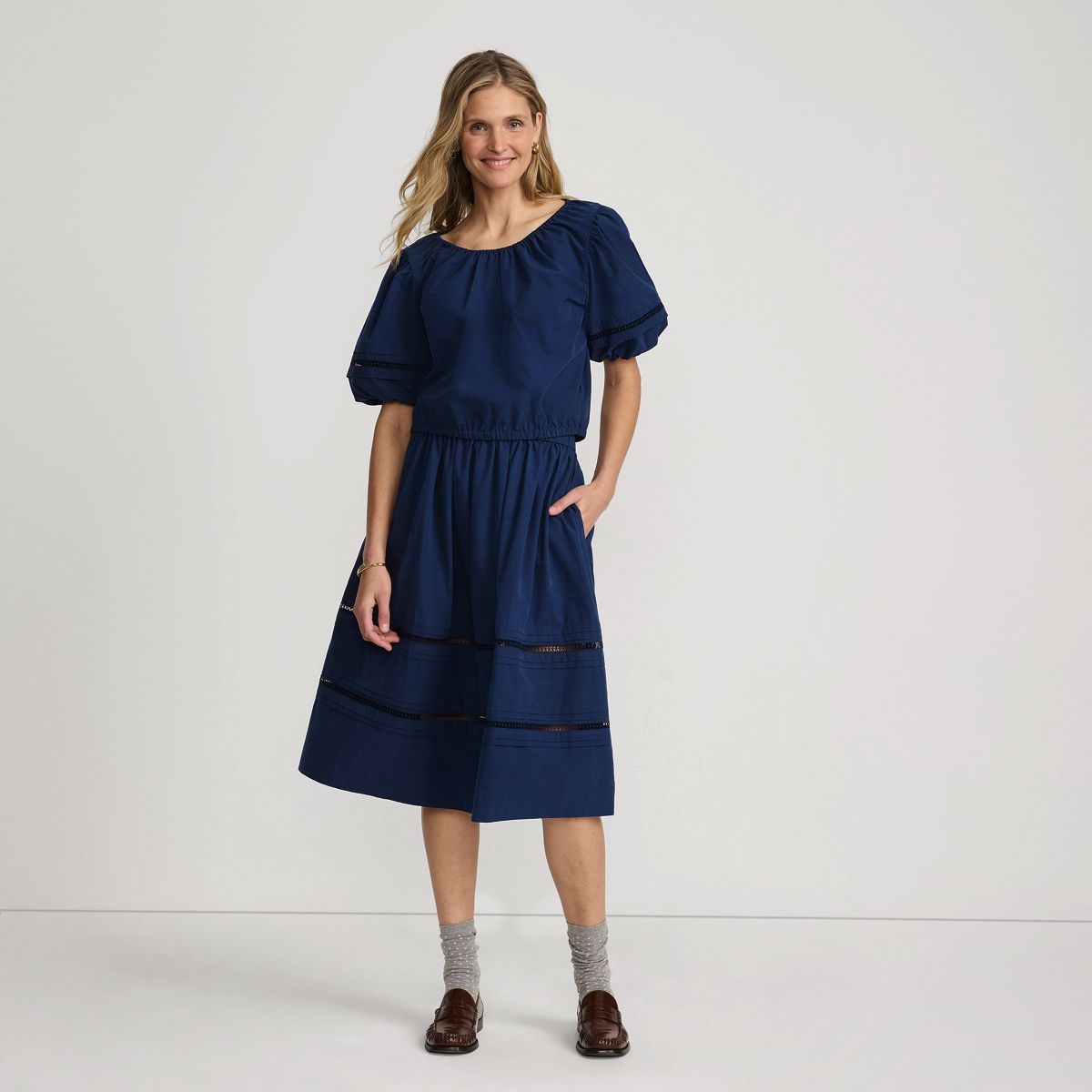 ワンピース jacquard puff sleeve tunic &frill skirt Women's Pintuck Puff Sleeve Skirt Set | Lands' End