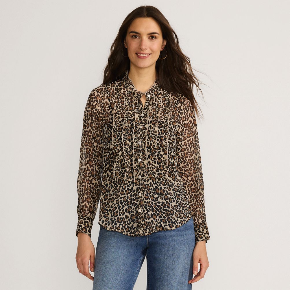 Women's Chiffon Ruffle Front Long Sleeve Top | Lands' End