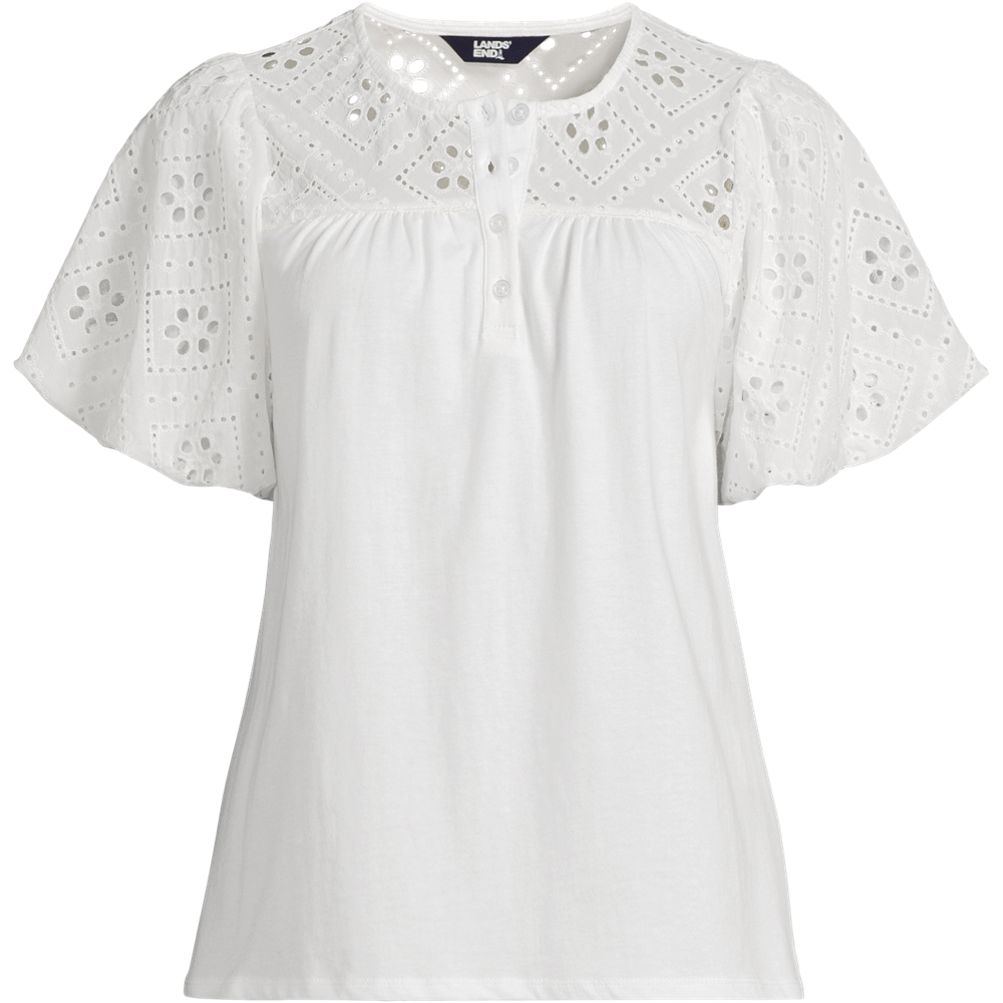 Women's Eyelet Crew Puff Sleeve Top | Lands' End