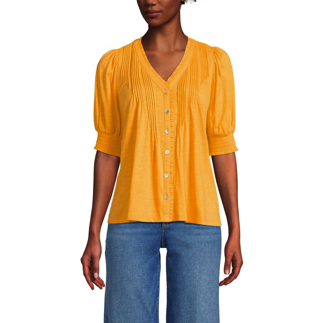 Women's Button Pintuck Puff Sleeve Top