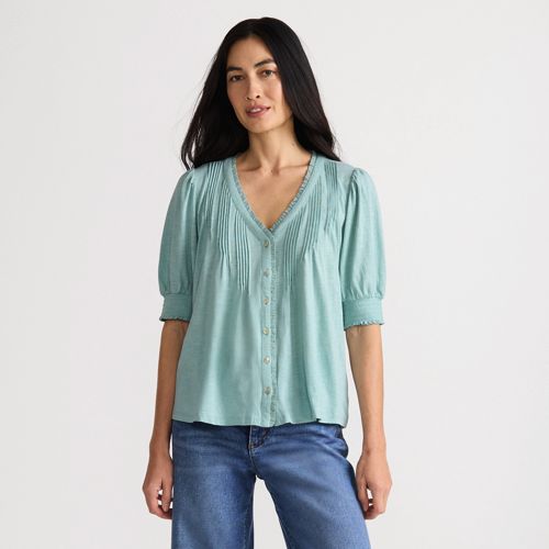 Women's Button Pintuck Puff Sleeve Top, Front
