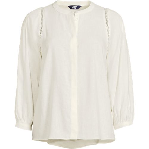 Soft Ease Linen Blend Lace Detail Blouse, Women, size: L, regular, Ivory, Linen/Viscose, by Lands' End