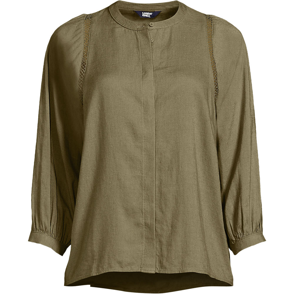 Soft Ease Linen Blend Lace Detail Blouse, Women, size: S, regular, Green, Linen/Viscose, by Lands' End