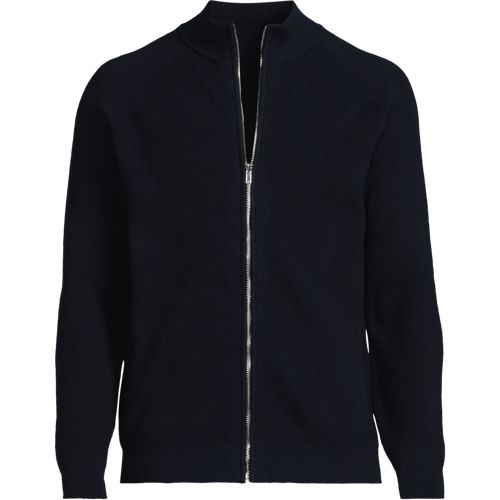 Zip Front Funnel Neck Bomber Jacket Cardigan, Men, size: S, regular, Blue, Cotton/Polyester, by Lands' End