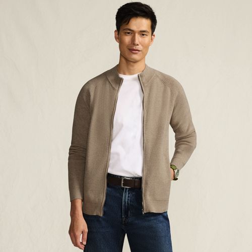 Zip Front Funnel Neck Bomber Jacket Cardigan, Men, size: L, regular, Ivory, Cotton/Polyester, by Lands' End
