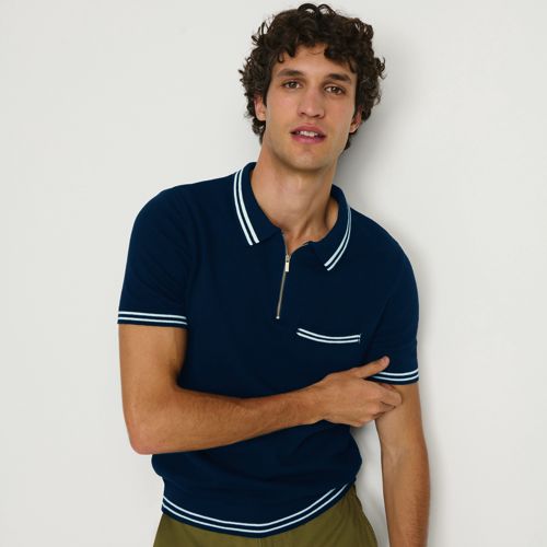 Cotton/Silk Tipped Polo Jumper, Men, size: M, regular, Blue, Cotton/Silk/Cotton-blend, by Lands' End