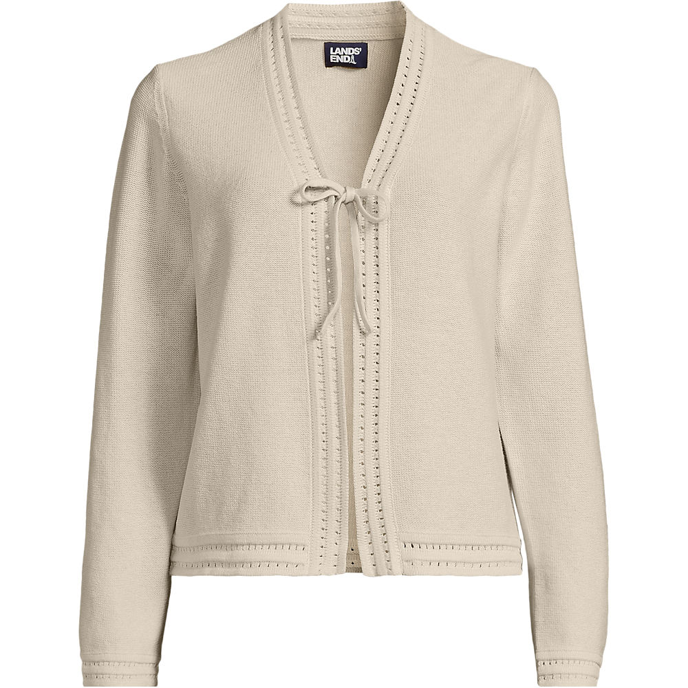 Soft Ease Linen Blend Tie Front Cardigan, Women, size: M, regular, Ivory, Cotton/Linen, by Lands' End