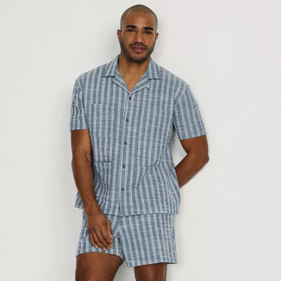 Men's Short Sleeve Textured Jacquard Camp Collar Shirt - Set Top - primary