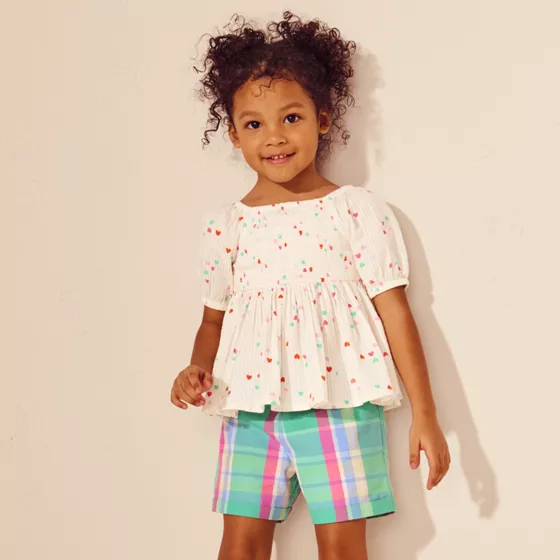 Girls Short Sleeve Smocked Woven Top - primary