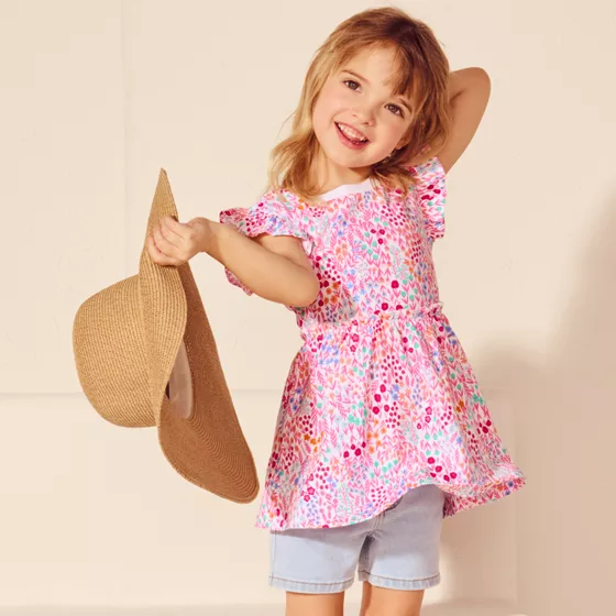 Girls Short Sleeve Gathered Waist Tunic Top - primary