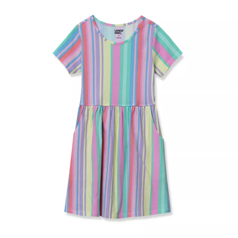 Girls Short Sleeve Gathered Waist Jersey Dress, alternative image