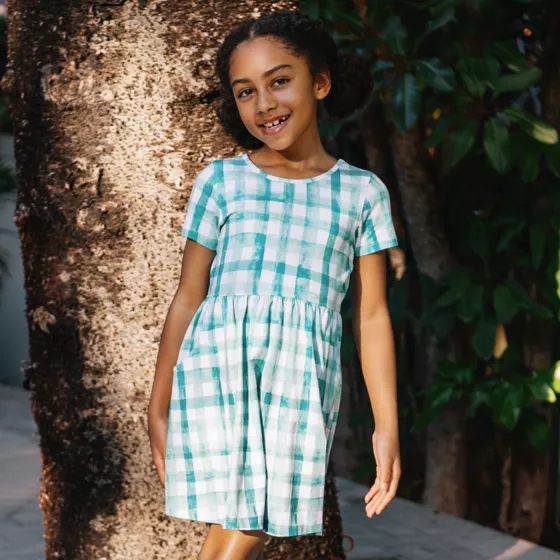 Girls Short Sleeve Gathered Waist Jersey Dress - primary