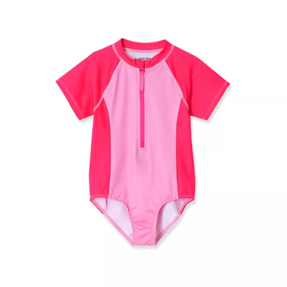 Girls Short Sleeve One Piece Half Zip Swimsuit - primary