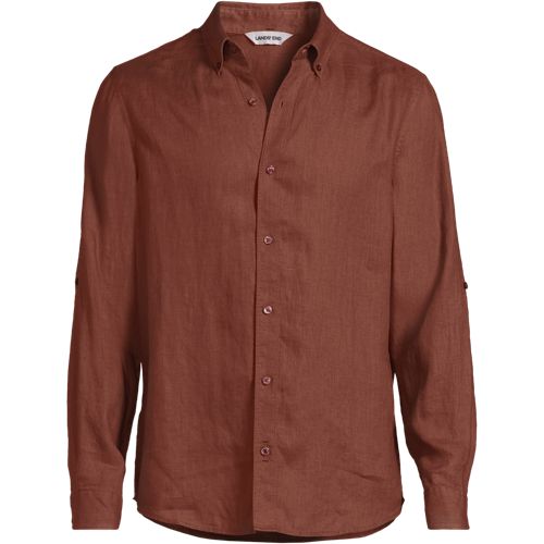 Premium Pure Roll Sleeve Linen Shirt, Men, size: S, regular, Brown, Linen, by Lands' End