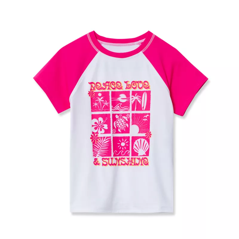 Girls UPF 50 Short Sleeve Crew Neck Swim Rash Guard, alternative image