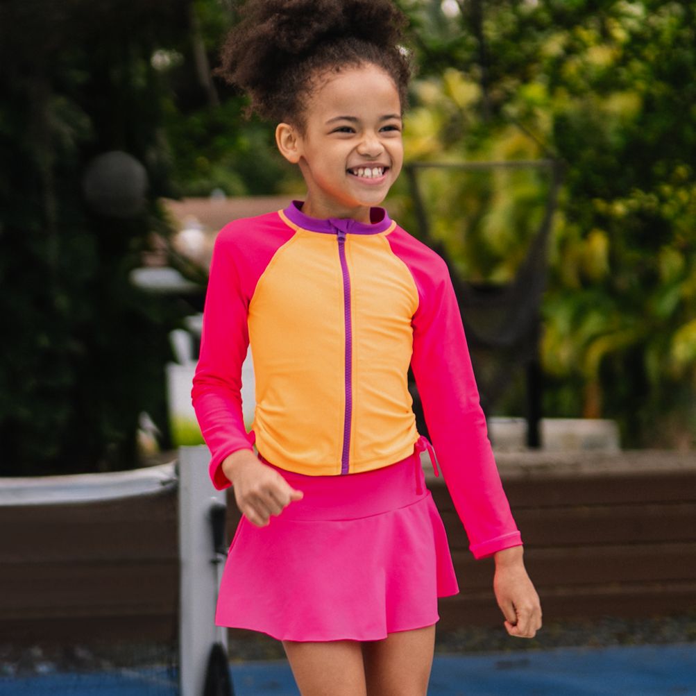 Girls Chlorine Resistant Long Sleeve Zip Front Rash Guard | Lands' End
