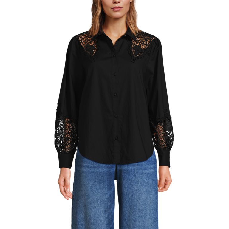 Women's Poplin Lace Inset Long Sleeve Top