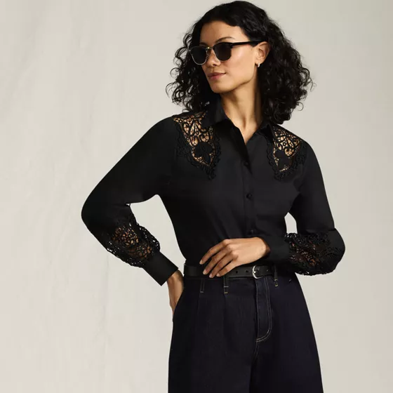 Women's Poplin Lace Inset Long Sleeve Top - primary