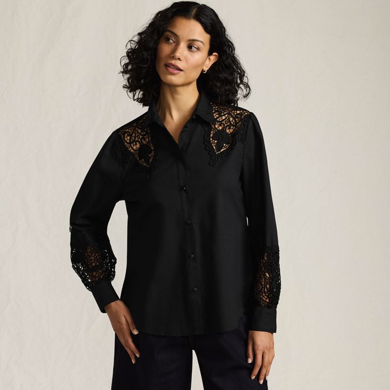 Women's Poplin Lace Inset Long Sleeve Top