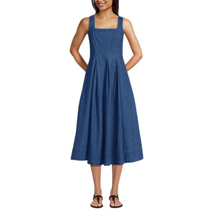 Women's Pleated Square Neck Light Weight Denim Midi Dress - image 4
