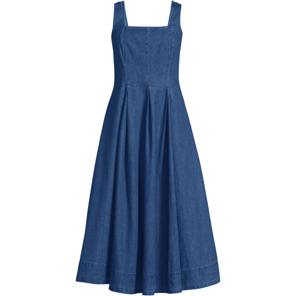 Women's Pleated Square Neck Light Weight Denim Midi Dress | Lands' End